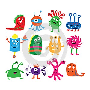 Collection of different colored cute funny monsters