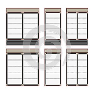 Collection of different commercial refrigerators for stores and supermarket. Empty fridges with shelves inside and glass doors.