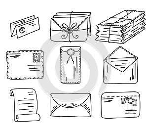 Collection of different envelopes with mail, postmarks and postcards in hand drawn doodle style. Set of various craft