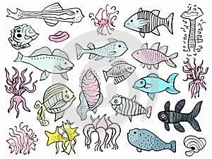 A Collection Of Different Fish - Funny cut baby sea creatures in pastel color