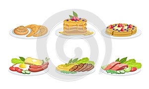 Collection of Different Food Dishes Set, Delicious Freshly ooked Served Food, Cafe, Restaurant Menu Design Elements