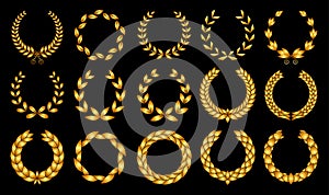Collection of different golden silhouette circular laurel foliate, wheat and oak wreaths depicting an award, achievement photo