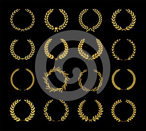 Collection of different golden silhouette laurel foliate, wheat, oak and olive wreaths depicting an award, achievement, heraldry,