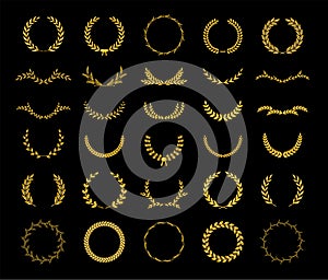 Collection of different golden silhouette laurel foliate, wheat and olive wreaths depicting an award, achievement, heraldry, photo