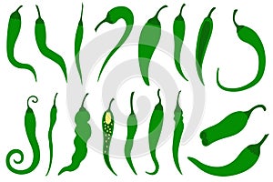 Collection of different green chili peppers
