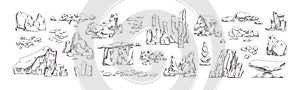 Collection of different hand drawn stones and geological rocks vector illustration in monochrome detailed style. Set of