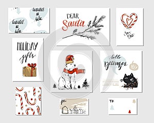 Collection of different hand made vector abstract Merry Christmas greeting card set with polar bear,candy canes