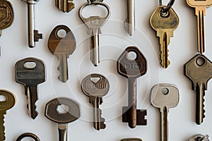 collection of different house keys isolated on white background