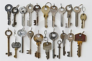 collection of different house keys isolated on white background