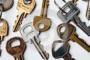 collection of different house keys isolated on white background