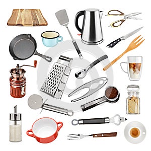 Collection of kitchen utensils isolated on white