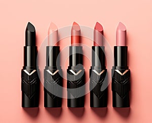 Collection of different lipsticks in a black tube on a pink background