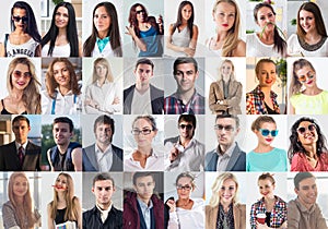 Collection of different many happy smiling young people faces caucasian women and men. Concept business, avatar.