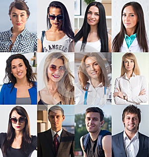 Collection of different many happy smiling young people faces caucasian women and men. Concept business, avatar.