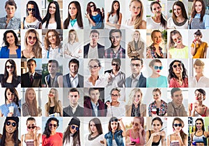 Collection of different many happy smiling young people faces caucasian women and men. Concept business, avatar. photo