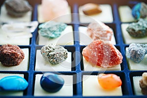 Collection of different minerals. Geology. Selective focus.