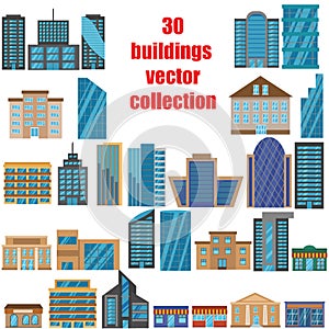 Collection of different modern city buildings set vector flat design