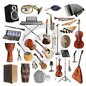 Collection of different musical instruments on white background