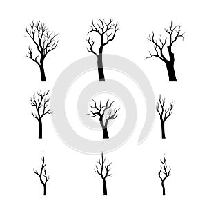 Collection different naked trees silhouettes. Hand drawn vector illustration