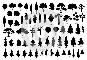 Collection of different park, forest, conifer cartoon trees silhouettes in black color