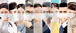 Collection of different people suffer from cough with face mask protection