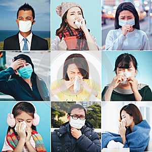 Collection of different people suffer from cough and flu  virus