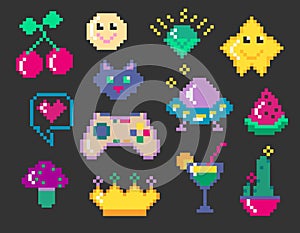 Collection of different pixel art game icons Y2K style Ufo, musroom, cherry, smile, gem, star, joystick, crown, cocktail