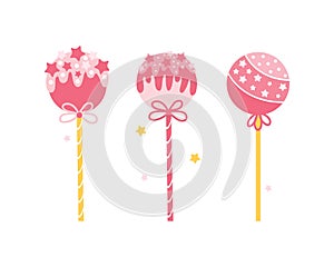 Collection of different round pink lollipops isolated on a white background. Cake pops on stick with sprinkles. Candies