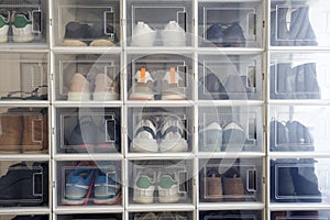 Collection of different sneakers Indoor Shoe Rack of sneakers lovers, perfect stylish storage place, modern idea for