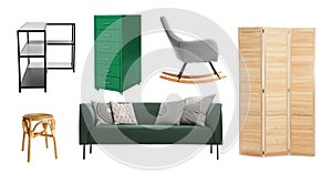 Collection of different stylish furniture on white background. Banner design