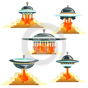A collection of different takeoffs from the surface of flying saucers. Space travel. Vector flat illustration