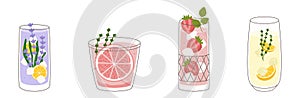 Collection with different taste lemonade and various of glasses shapes. Lemon and thyme, lavender, grapefruit and