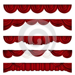 Collection of different theater curtains. Red velvet drapes