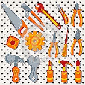 Collection of different tools over metal background, 3