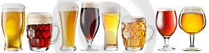 Collection of different types of beer, isolated on white background, has a clipping path. Eight draft beers in different beer