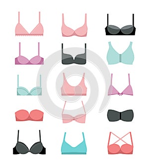 Collection of different types of bras illustrations, icons