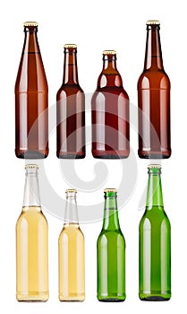 Collection different types and colors beer bottles, isolated, mock up.