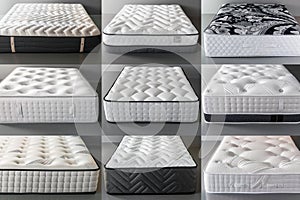 Collection of different types of mattresses isolated on white background photo
