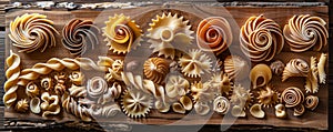 A collection of different types of pasta displayed on a rustic wooden board. The assortment