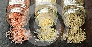 collection of different types of salt on a dark background. Long banner format. top view. copy space for text