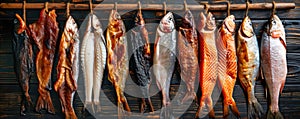 Assorted Smoked Fish Hanging on a Wall