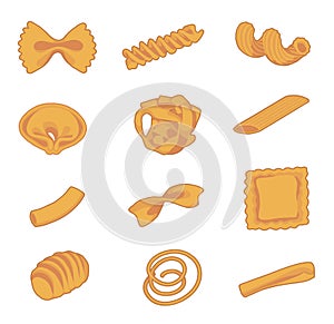 Collection of different types of traditional italian pasta like fusilli, macaron, tortellini or spaghetti