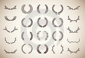 Collection of different vintage silhouette laurel foliate, olive and wheat wreaths depicting an award, achievement, heraldry, photo