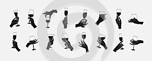 Collection of different woman hands gestures hold wineglass or drink cocktails. Minimal silhouette trendy style. Line