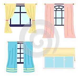 Collection of different wooden frame windows with colorful curtains, roman curtain at plastic window