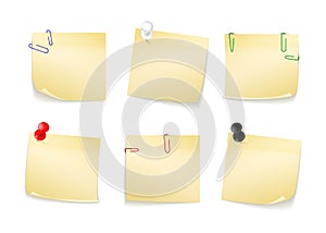 Collection of different yellow stickers for your notes. Attached buttons and staples.