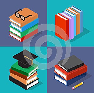 Collection of differently colored books. Vector isometric set