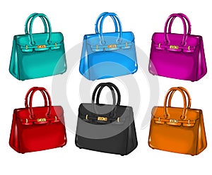 Collection of differents colorful handbags