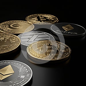 A collection of digital currency coins displayed on a dark surface. Prominent coins photo