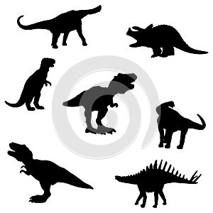 collection of dinosaur silhouettes, black and white vector illustration of dinosaurs for textile, books, tattoo